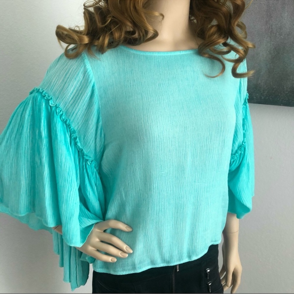 NWOT On the Road Aqua Ruffle Dolman Sleeve Top